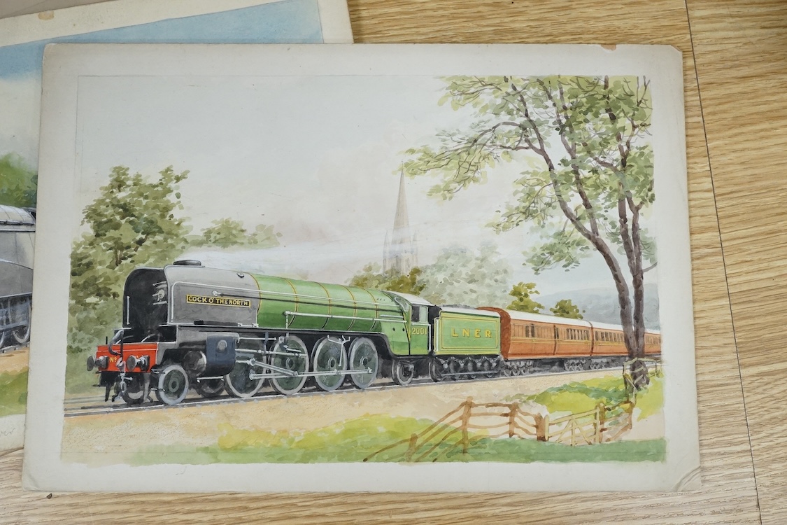 Charles Thomas Howard (1865-1942), set of three watercolours for original postcard designs, steam locomotives, including LNER Class A42509 Silver Link and GWR King Class 6029 King Edward VII, two signed, 22 x 32cm, unfra
